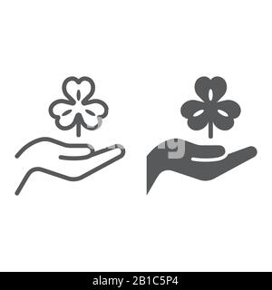 Hand hold lucky clover line and glyph icon, st patrick s day and holiday, hand holding clover sign, vector graphics, a linear pattern on a white Stock Vector