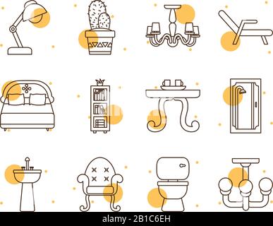 block and line style icon set design, Home room decoration interior living building apartment and residential theme Vector illustration Stock Vector