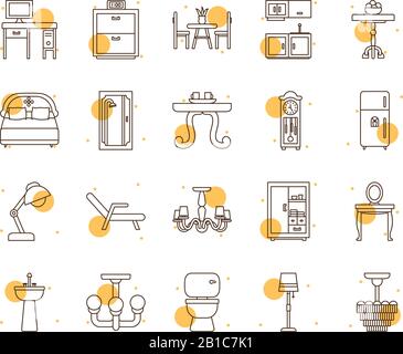 block and line style icon set design, Home room decoration interior living building apartment and residential theme Vector illustration Stock Vector