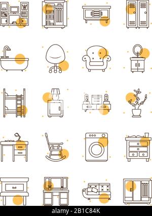 block and line style icon set design, Home room decoration interior living building apartment and residential theme Vector illustration Stock Vector