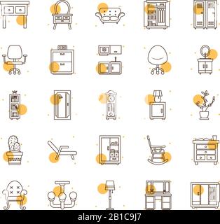 block and line style icon set design, Home room decoration interior living building apartment and residential theme Vector illustration Stock Vector