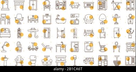 block and line style icon set design, Home room decoration interior living building apartment and residential theme Vector illustration Stock Vector