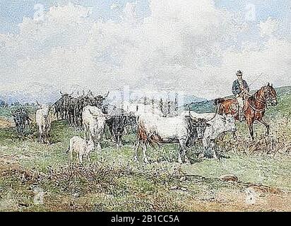 Gabani-giuseppe-1846-1900-ital-cattle-and-drover. Stock Photo