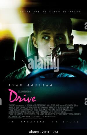 Drive (2011) directed by Nicolas Winding Refn and starring Ryan Gosling, Carey Mulligan, Bryan Cranston and Carey Mulligan. A getaway driver agrees to assist in a heist arranged by his neighbour's partner and things take a turn for the worst. Stock Photo