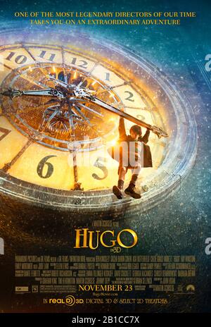 Hugo (2011) directed by Martin Scorsese and starring Asa Butterfield, Chloë Grace Moretz, Christopher Lee and Sacha Baron Cohen. An orphan boy living in the Gare Montparnasse train station in Paris in the 1930s rescues an automaton his father once repaired and tries to restore it. Stock Photo