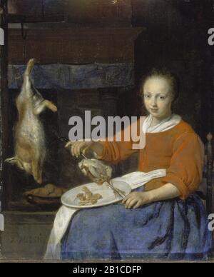 Gabriel Metsu - Kitchenmaid Skewering Poultry. Stock Photo