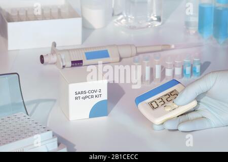 SARS-COV-2 pcr diagnostics kit. This is RT-PCR kit to detect presence of 2019-nCoV virus causing Covid-19 disease presence in patient samples. Test sy Stock Photo