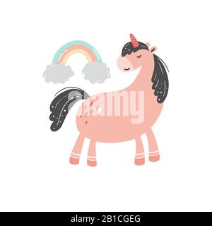 Unicorn of simple trendy cartoon style with elements. Unicorn of pink color for kids and magic textile, bag, t-shirt design. Isolated vector illustration. Stock Vector