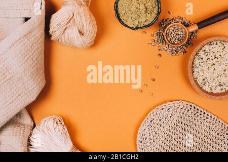 Different types of uses for hemp. Textile fiber industry. Zero waste living concept. Stock Photo