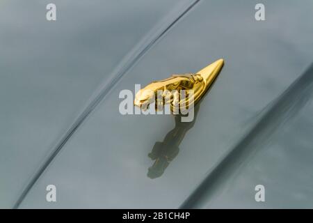 Bilgoraj / Poland - June 17 2018: Logo symbol of an oldtimer Jaguar limusine. Stock Photo