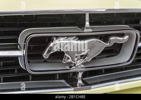 Bilgoraj / Poland - June 17 2018: Logo symbol of an oldtimer Ford Mustang. Stock Photo