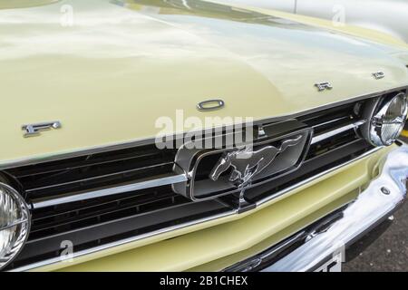 Bilgoraj / Poland - June 17 2018: Logo symbol of an oldtimer Ford Mustang. Stock Photo