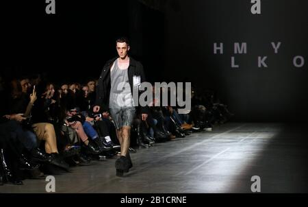 Kyiv, Ukraine - February 5, 2020: Model presents a collection of clothes by designer HMYLKO during the 46th Ukrainian Fashion Week season Fall/Winter 2020/21 at Mystetskyi Arsenal in Kyiv Stock Photo