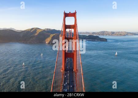 Golden Gate Bridge, San Francisco, California, as seen from the air. Drone footage. Stock Photo