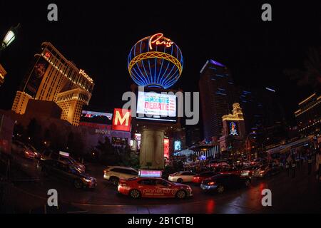 02192020 - Las Vegas, Nevada, USA: An advertisement for the Nevada debate shows on a screen the Paris Theater after the debate in Las Vegas, Nevada, Wednesday, Feb. 19, 2020. Stock Photo