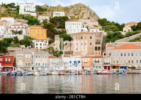 Colorful hillside of the Hydra Harbor town. A Greek island on the Aegean Sea. Stock Photo