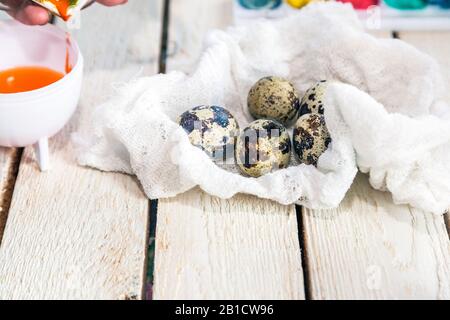 Quail eggs on white wooden background. Industrial quail eggs production Stock Photo