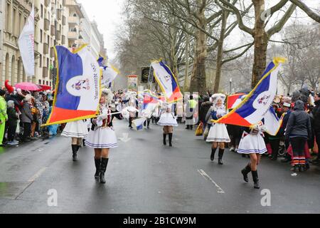 Mainz, Germany. 24th February 2020. Majorettes of the Mainzer Ranzengarde take part in the the Mainz Rose Monday parade. Around half a million people lined the streets of Mainz for the traditional Rose Monday Carnival Parade. The 9 km long parade with over 9,000 participants is one of the three large Rose Monday Parades in Germany. Stock Photo