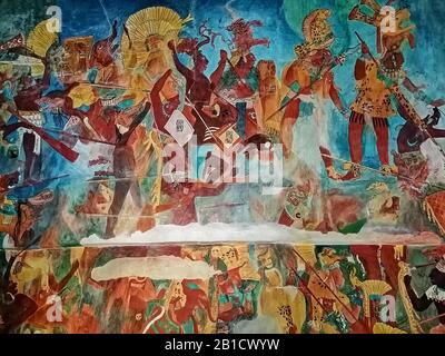 Mayan mural painting in room 1 in the temple of murals in the Maya ruin city of Bonampak, Chiapas, Mexico. Stock Photo