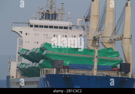 (200224) -- PLOCE (CROATIA), Feb. 24, 2020 (Xinhua) -- Chinese ship Da Yu Xia loaded with steel box girders is seen at the port of Ploce, Croatia, on Feb. 24, 2020. A Chinese cargo ship carrying steel parts for construction of Croatia's Peljesac Bridge arrived at the southern port Ploce on Monday. (Ivo Cagalj/Pixsell via Xinhua) TO GO WITH 'Steel parts for Croatia's major bridge project arrive on time' Stock Photo