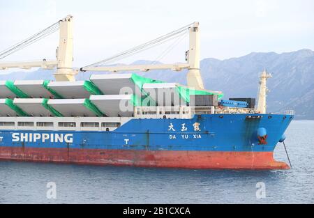 (200224) -- PLOCE (CROATIA), Feb. 24, 2020 (Xinhua) -- Chinese ship Da Yu Xia loaded with steel box girders is seen at the port of Ploce, Croatia, on Feb. 24, 2020. A Chinese cargo ship carrying steel parts for construction of Croatia's Peljesac Bridge arrived at the southern port Ploce on Monday. (Ivo Cagalj/Pixsell via Xinhua) TO GO WITH 'Steel parts for Croatia's major bridge project arrive on time' Stock Photo