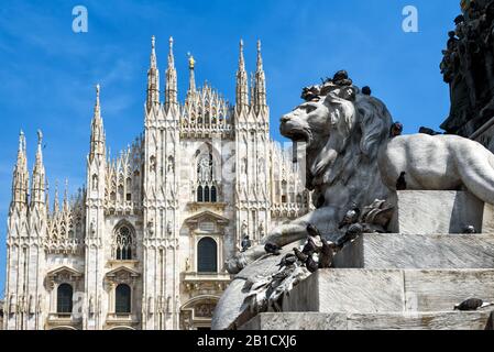 Sculpture of a lion as part of the monument to Victor Emanuel II in the Piazza del Duomo in Milan, Italy. The Milan Cathedral (Duomo di Milano) in the Stock Photo