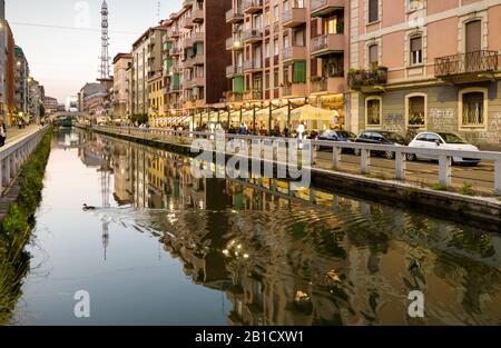 Milan, Italy - May 16, 2017: Naviglio Grande canal in the evening. Stock Photo