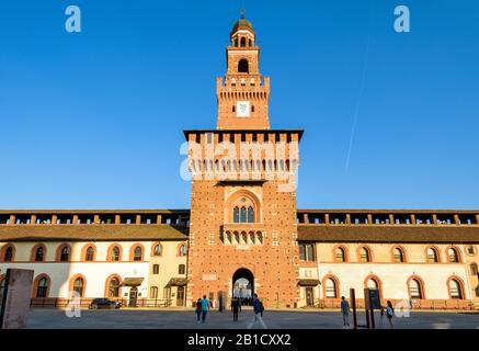 Milan, Italy - May 22, 2017: Inside the Sforza Castel (Castello Sforzesco). The central tower, or Torre del Filarete. This castle was built in the 15t