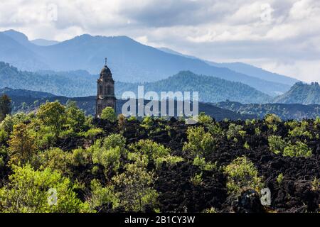 Church engulfed in lava, Paricutin volcano, state of Michoacan, Mexico, Central America Stock Photo