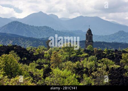 Church engulfed in lava, Paricutin volcano, state of Michoacan, Mexico, Central America Stock Photo