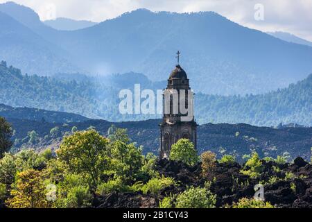 Church engulfed in lava, Paricutin volcano, state of Michoacan, Mexico, Central America Stock Photo