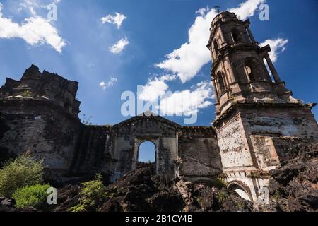 Church engulfed in lava, Paricutin volcano, state of Michoacan, Mexico, Central America Stock Photo