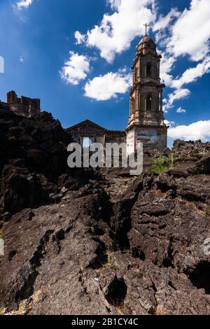 Church engulfed in lava, Paricutin volcano, state of Michoacan, Mexico, Central America Stock Photo