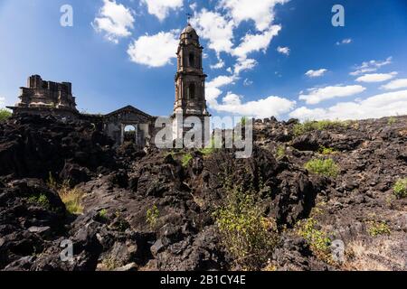 Church engulfed in lava, Paricutin volcano, state of Michoacan, Mexico, Central America Stock Photo