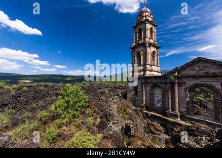 Church engulfed in lava, Paricutin volcano, state of Michoacan, Mexico, Central America Stock Photo