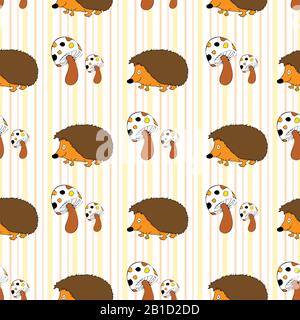 Cute hand drawn forest scenery with hedgehogs and mushrooms on a subtle striped background. Stock Vector