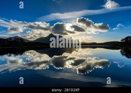 Ben Loyal reflected in Lochan Hakel.  Near Tongue, Sutherland, Scotland, UK Stock Photo