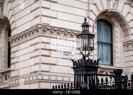 Vintage building structure with classic street lamp design, Downing Street, London, England Stock Photo