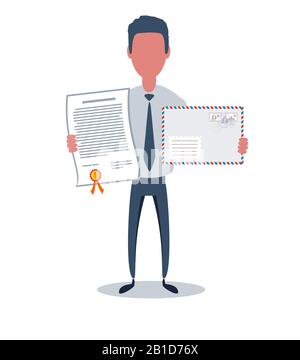 Businessman or clerk. Male character in trendy simple style with objects, flat vector illustration. Stock Vector