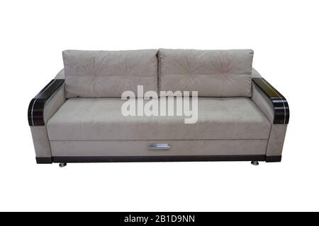 Folding sofa-bed light brown fabric, isolated on white background. Stock Photo