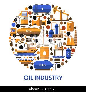 Oil industry banner with icons set in circle and text Stock Vector