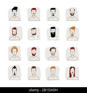 Young Man Avatar hand drawn style vector icon set. Male Faces icon design collection with different styles of hairstyle, beard, mustache. Portrait Stock Vector