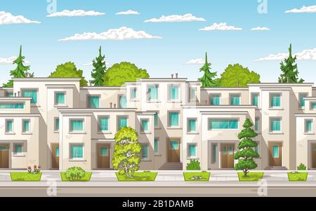 Modern town buildings with smal gardens on a street in summer. Concept for real estate, architecture, advertising, web backgrounds. Vector Illustrations with separate layers. Stock Vector