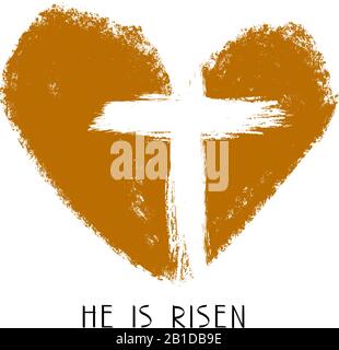 cross and heart and calligraphic text logo, easter religious symbol of Christianity hand drawn vector illustration sketch. Stock Vector