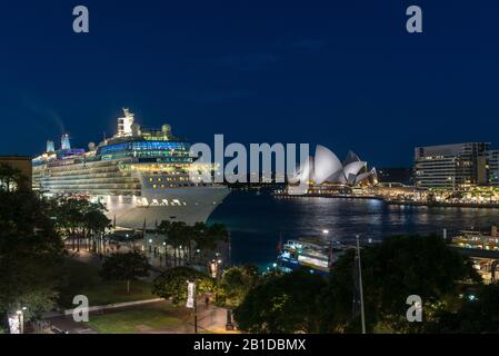 Sydney Harbour - April 20, 2017 - View of Circular Quay with moored ocean liner Celebrity Solstice and Sydney Harbour Bridge. Stock Photo