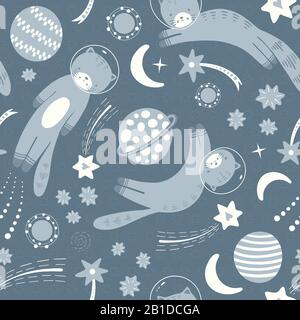 Space cat pattern design. Vector seamless solar system repeat ideal for child and baby projects. Stock Vector