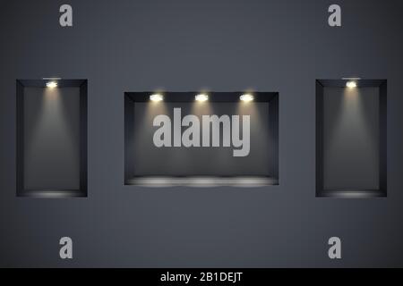 Black wall niches with spotlight Stock Vector