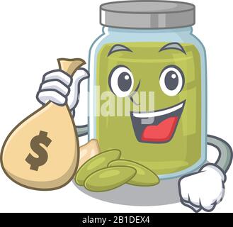 Rich and famous pumpkin seed butter cartoon character holding money bag Stock Vector