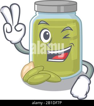 mascot of funny pumpkin seed butter cartoon Character with two fingers Stock Vector