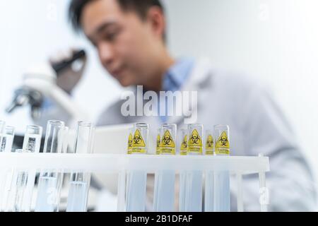 Close up of test tubes that standing on support Stock Photo